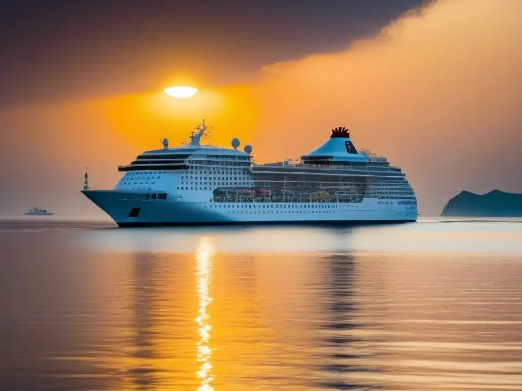 Un crucero elegante surca aguas cristalinas al atardecer