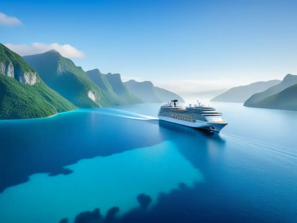 Crucero de lujo en aguas cristalinas Un crucero elegante surcando aguas cristalinas, rodeado de montañas verdes bajo un cielo azul
