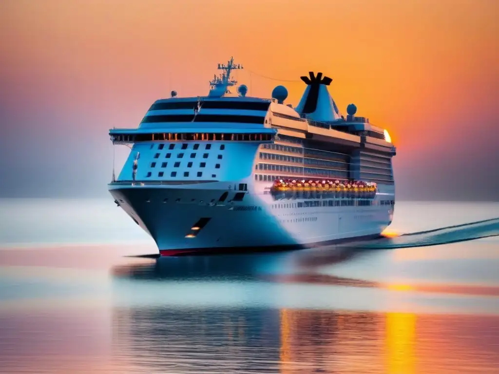 Un crucero elegante navega en aguas cristalinas al atardecer, reflejando un cielo vibrante