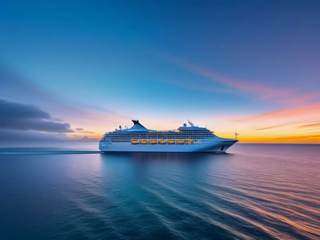 Un crucero elegante surca aguas cristalinas al atardecer, con palmeras de fondo