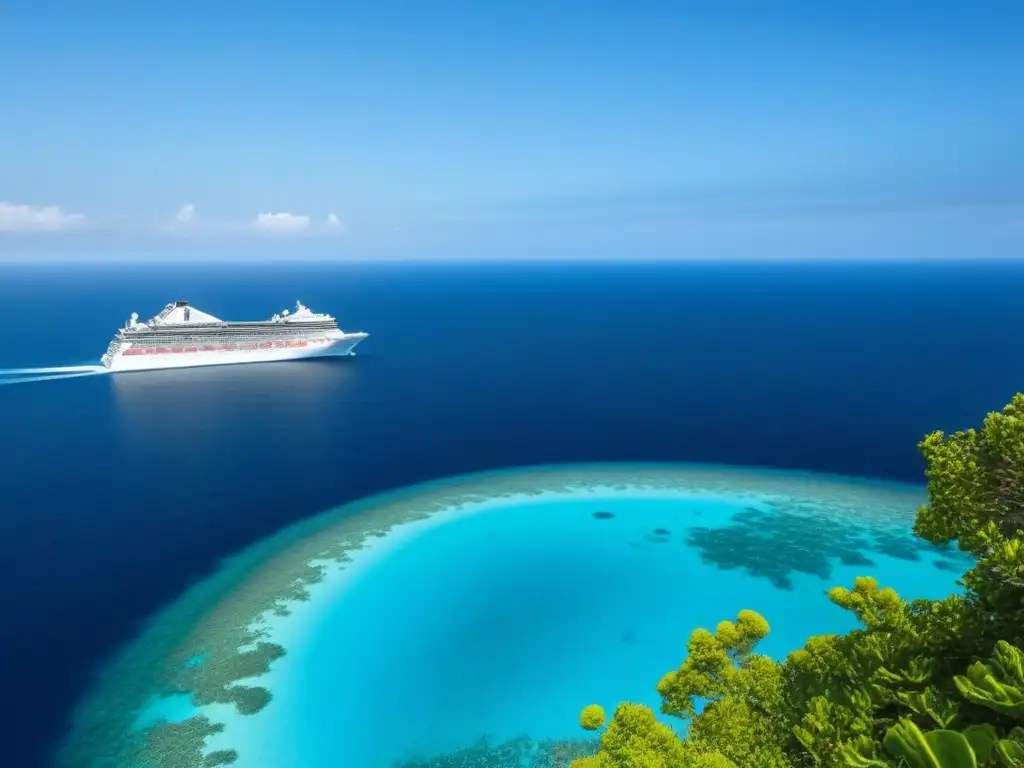 Un crucero elegante navegando en aguas cristalinas, resaltando la belleza y tranquilidad del turismo marítimo sostenible participativo