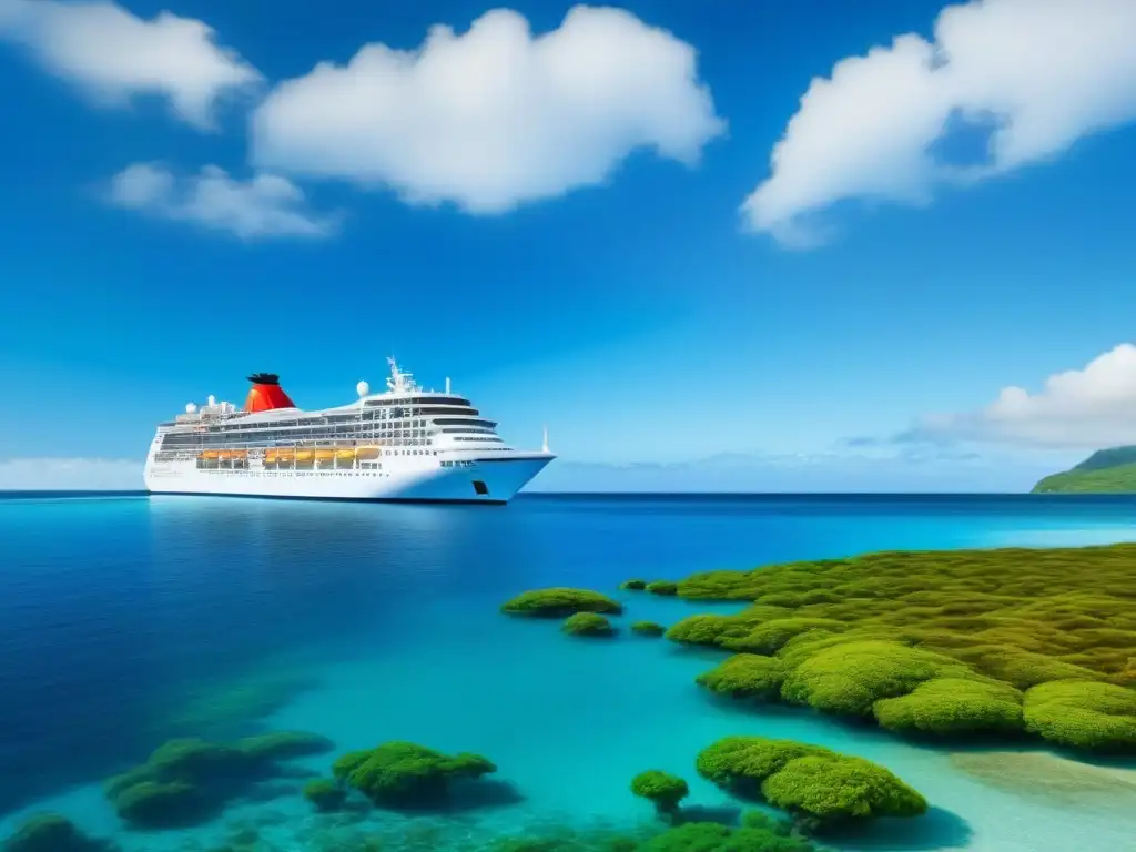 Un crucero elegante surcando aguas cristalinas, rodeado de vida marina vibrante