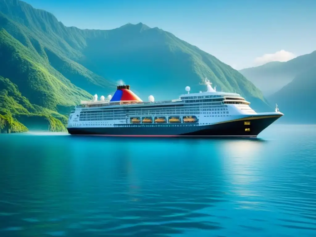 Un crucero elegante surcando aguas cristalinas bajo un cielo azul, rodeado de montañas verdes