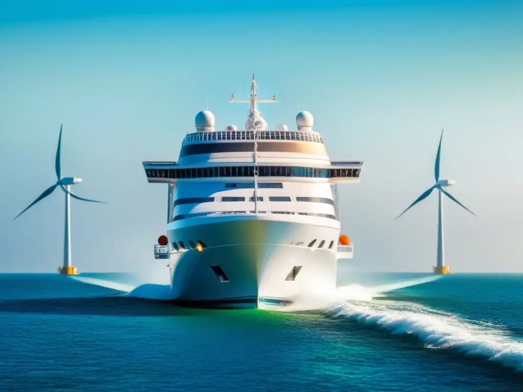 Un crucero elegante navega por aguas cristalinas con turbinas eólicas integradas, simbolizando el impacto de las energías renovables en cruceros