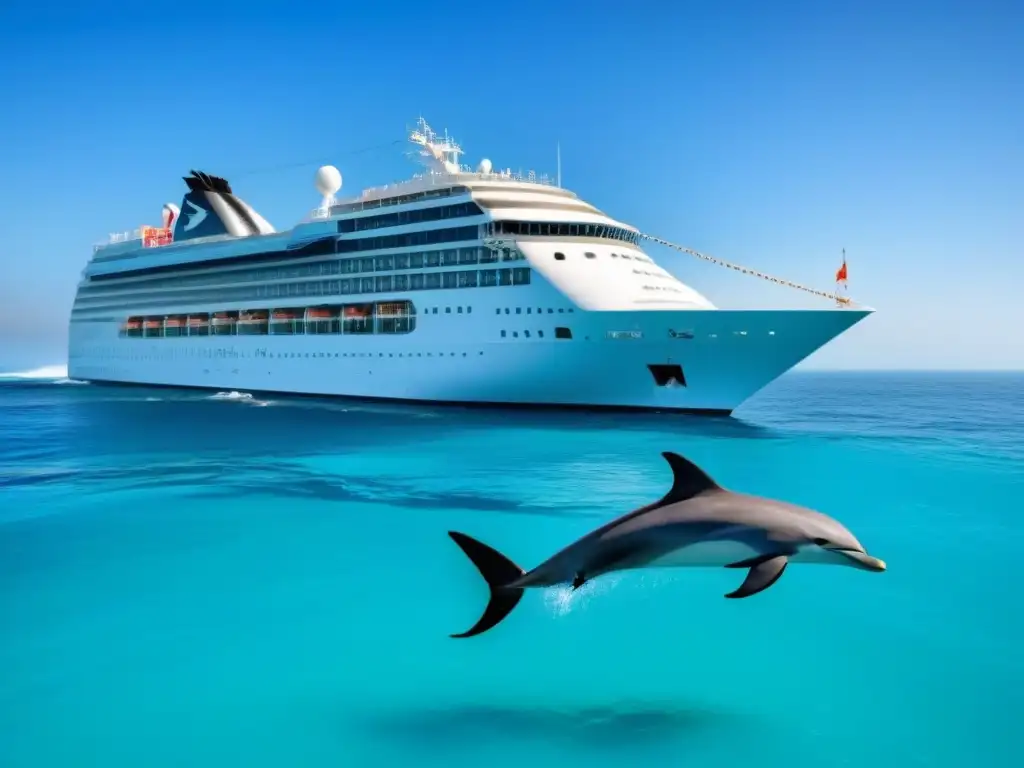 Un crucero elegante navega en aguas turquesa con delfines, simbolizando colaboraciones innovadoras cruceros ONGs