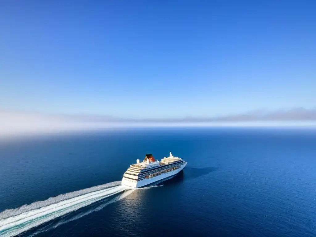 Un crucero elegante surca aguas internacionales en calma bajo un cielo azul