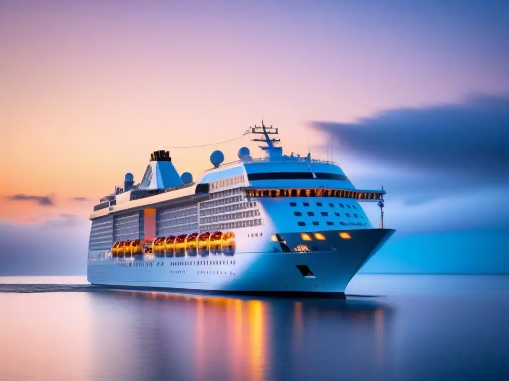 Un crucero elegante navega en aguas tranquilas al atardecer, reflejando armonía con el entorno