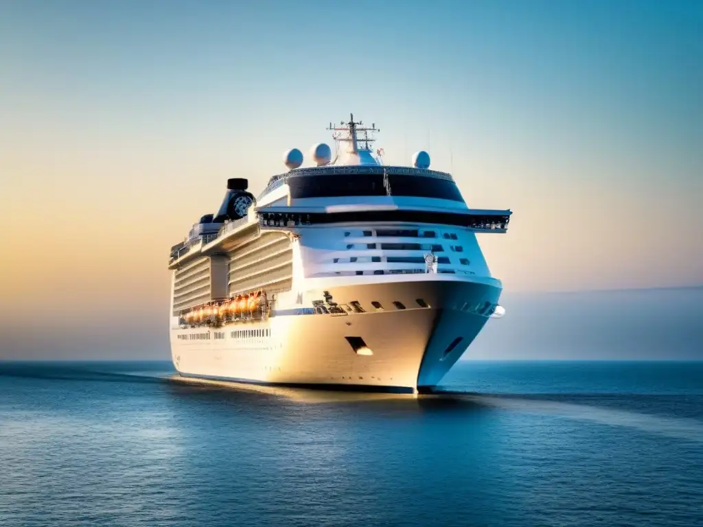 Un crucero elegante navegando en aguas tranquilas al atardecer, reflejando éxito financiero en el turismo marítimo