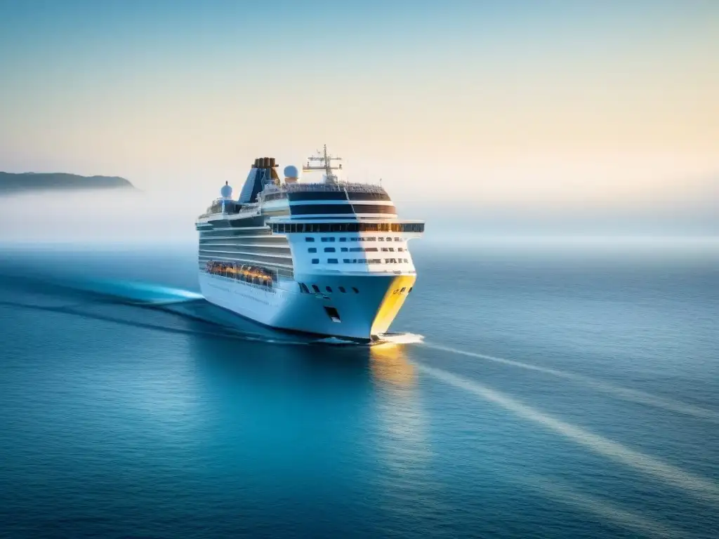 Un crucero elegante surcando aguas tranquilas bajo un cielo azul, ideal para aplicar los consejos para mantenerse saludable en crucero