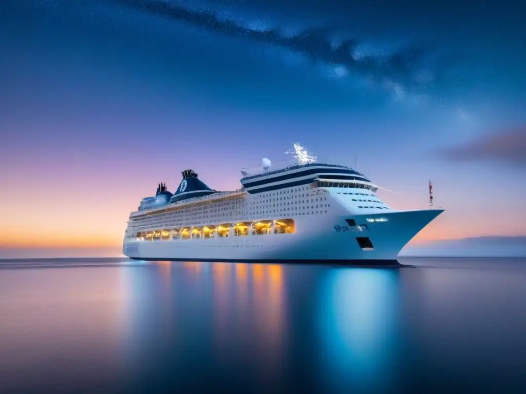 Un crucero elegante navega en aguas tranquilas bajo un cielo estrellado, iluminando la noche