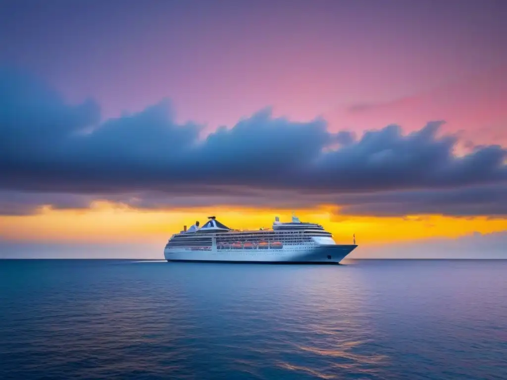 Un crucero elegante navega en aguas tranquilas bajo un atardecer pastel, destacando la elegancia y serenidad del turismo marítimo