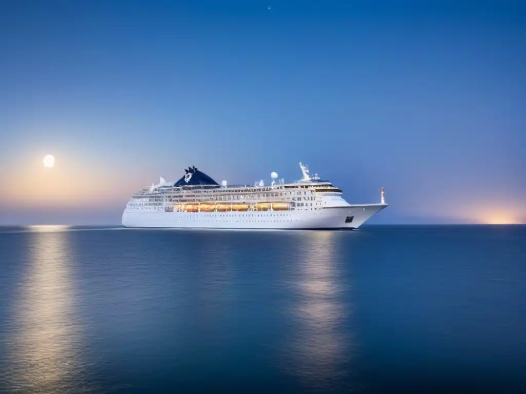 Un crucero elegante surca aguas tranquilas bajo un cielo estrellado, reflejando la luna, transmitiendo una sensación de tranquilidad y lujo en las alianzas de líneas de cruceros y satisfacción total