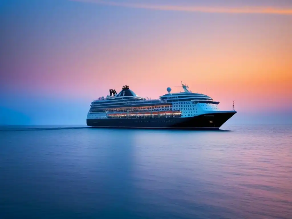 Un crucero elegante surcando aguas tranquilas al atardecer, reflejando tonos naranjas y rosados