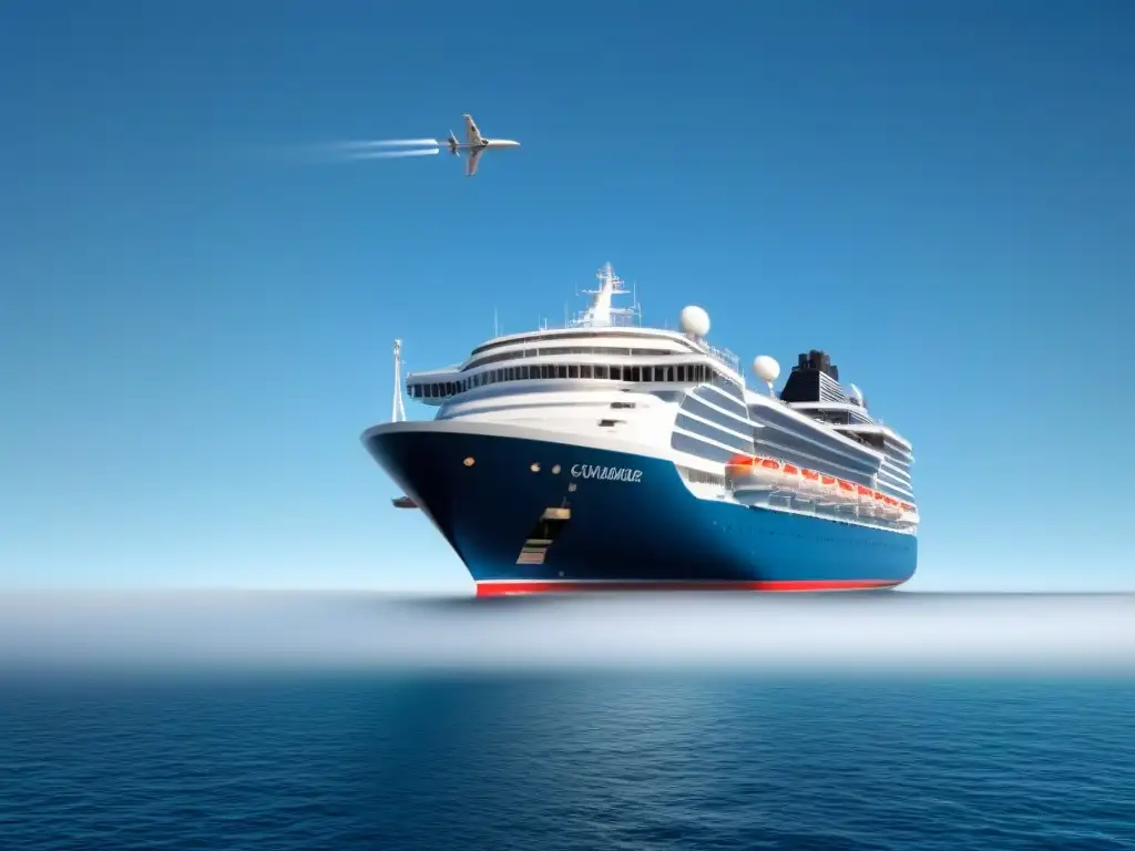 Un crucero elegante navega en aguas tranquilas bajo un cielo azul, con un satélite arriba simbolizando servicios de internet en cruceros