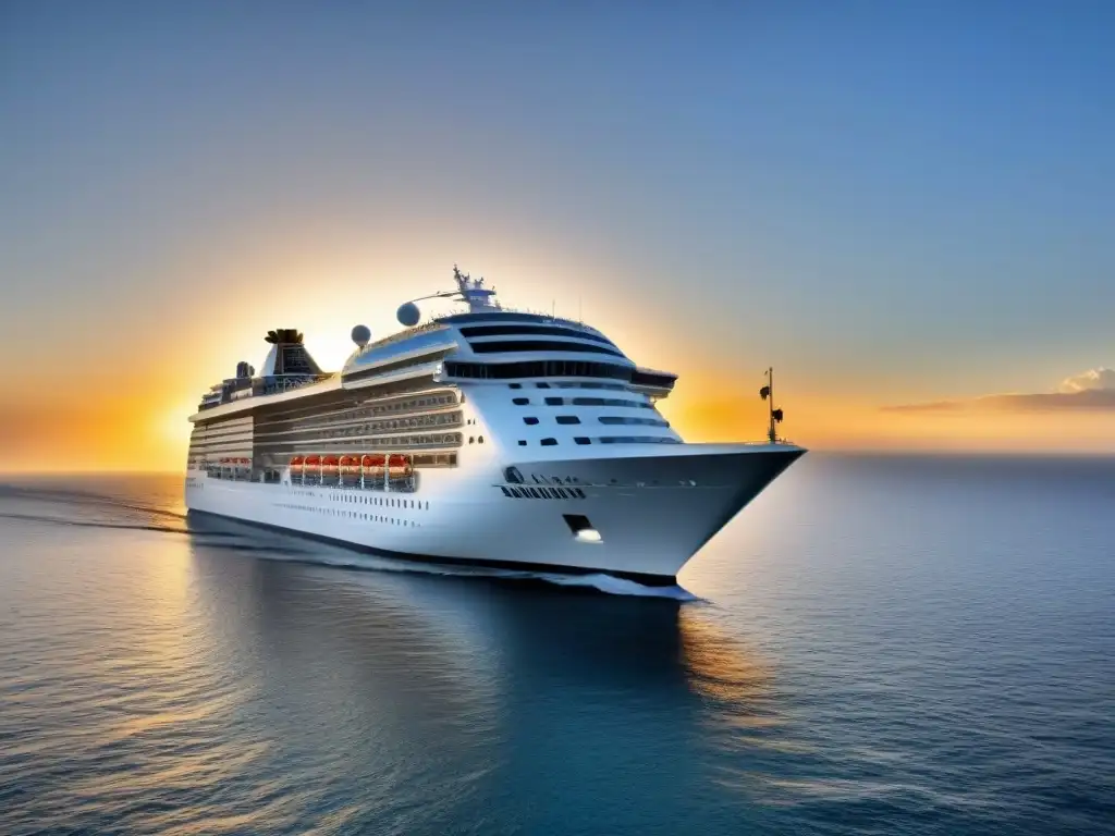 Un crucero elegante navega en aguas tranquilas al atardecer, transmitiendo exclusividad y relax