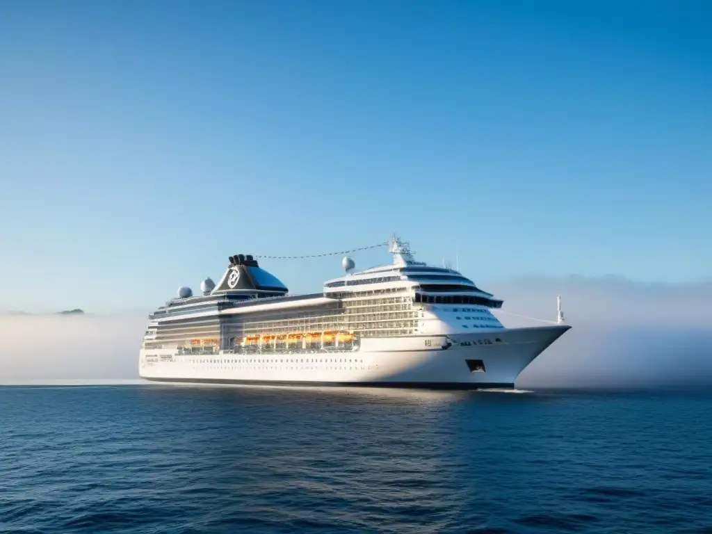 Un crucero elegante navega en aguas tranquilas bajo un cielo azul, transmitiendo serenidad