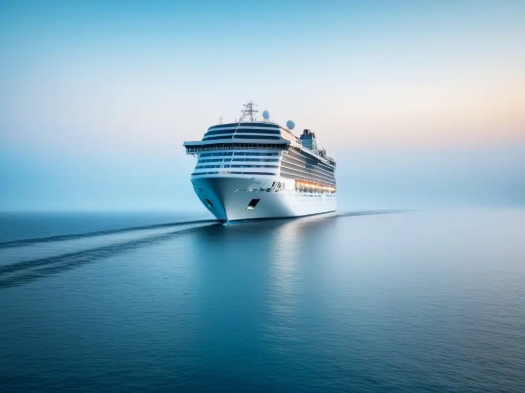 Un crucero elegante navegando en aguas tranquilas, colores suaves y sensación de calma