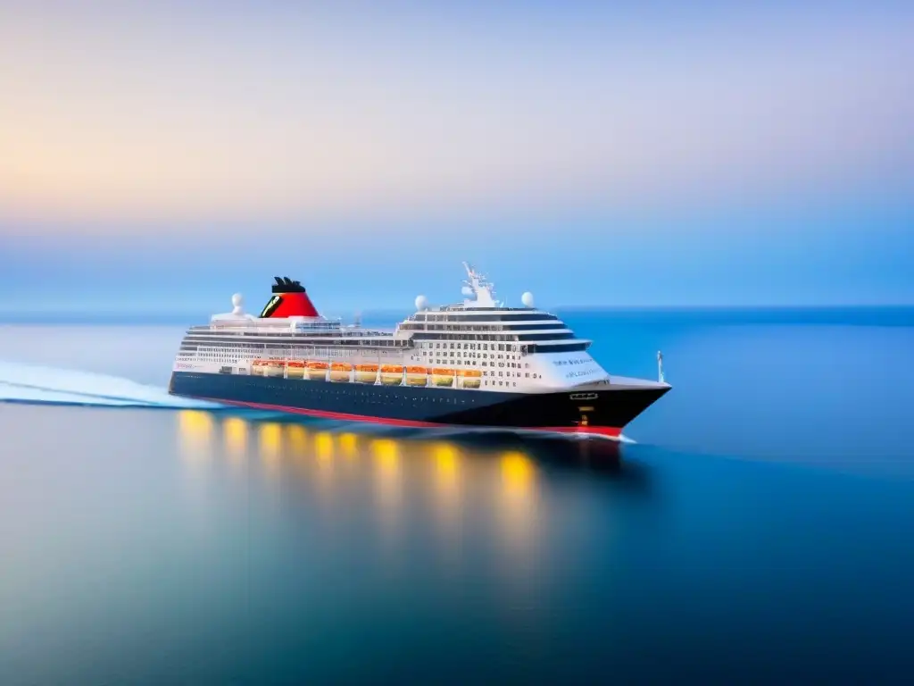 Un crucero elegante navega en aguas tranquilas bajo un cielo azul, con medidas sanitarias integradas sutilmente