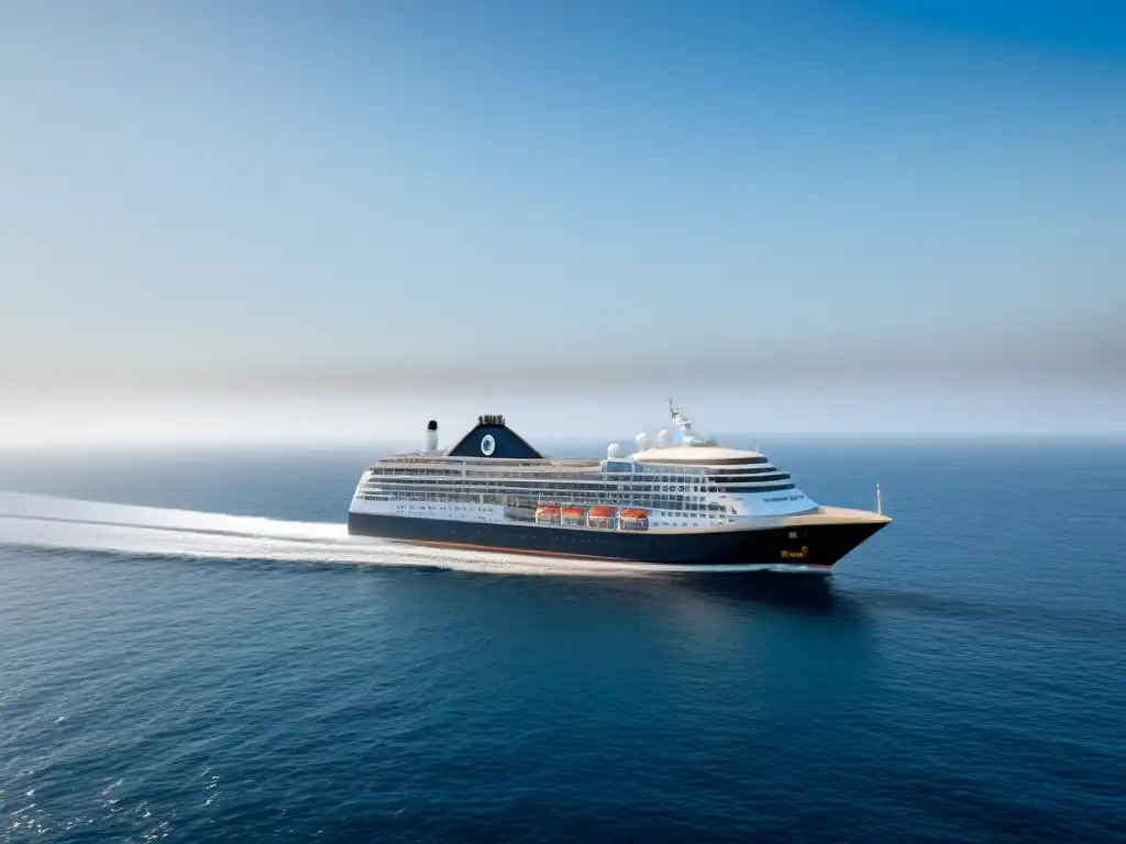 Un crucero elegante surcando aguas tranquilas bajo un cielo azul, creando un ambiente sereno