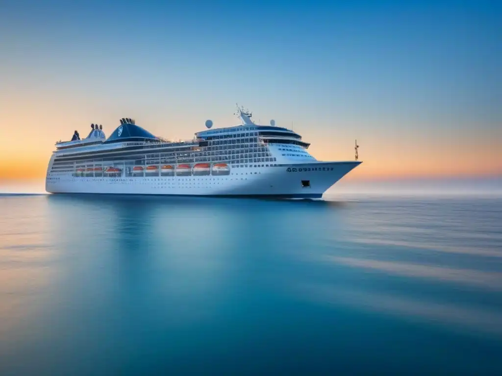 Un crucero elegante navega en aguas tranquilas bajo un cielo azul, transmitiendo calma y lujo