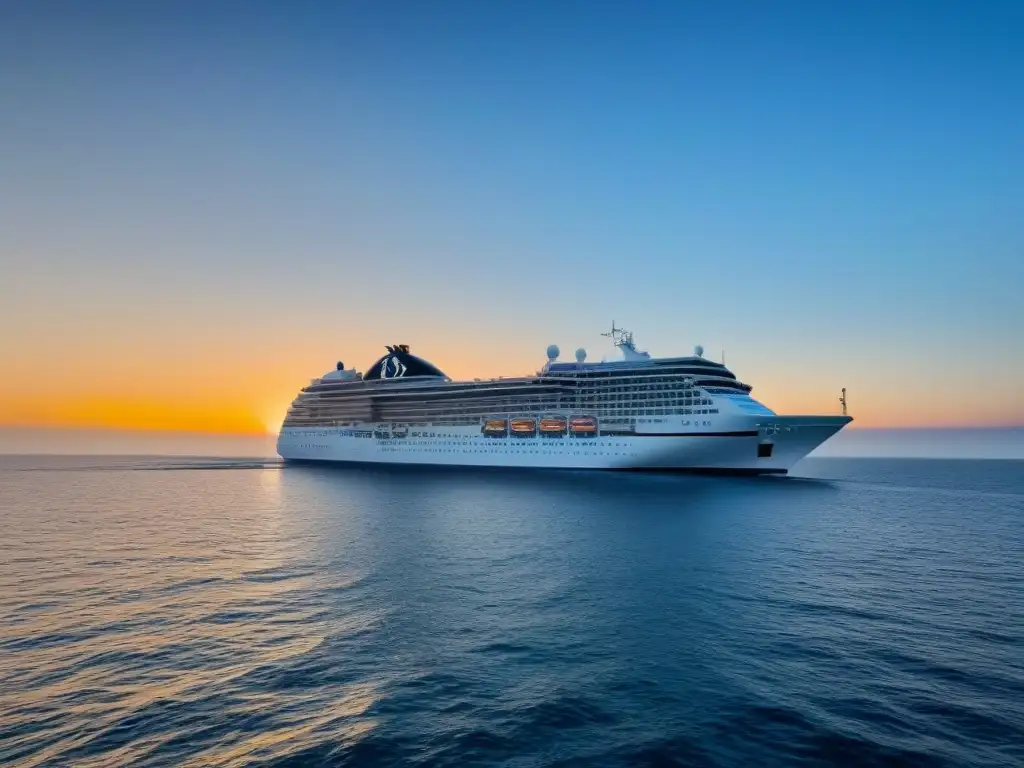 Un crucero elegante surcando aguas tranquilas al atardecer, reflejando paz y lujo, ideal para un seguro de viaje en crucero