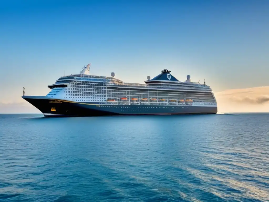 Un crucero elegante navegando en aguas tranquilas bajo un cielo azul, transmitiendo calma y seguridad con su silueta