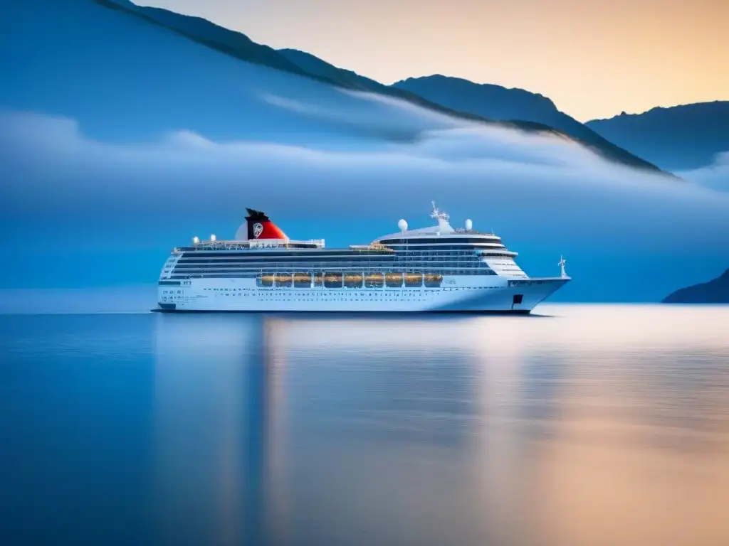 Un crucero elegante navega en aguas tranquilas bajo un cielo azul, destacando la silueta del barco y el vasto océano