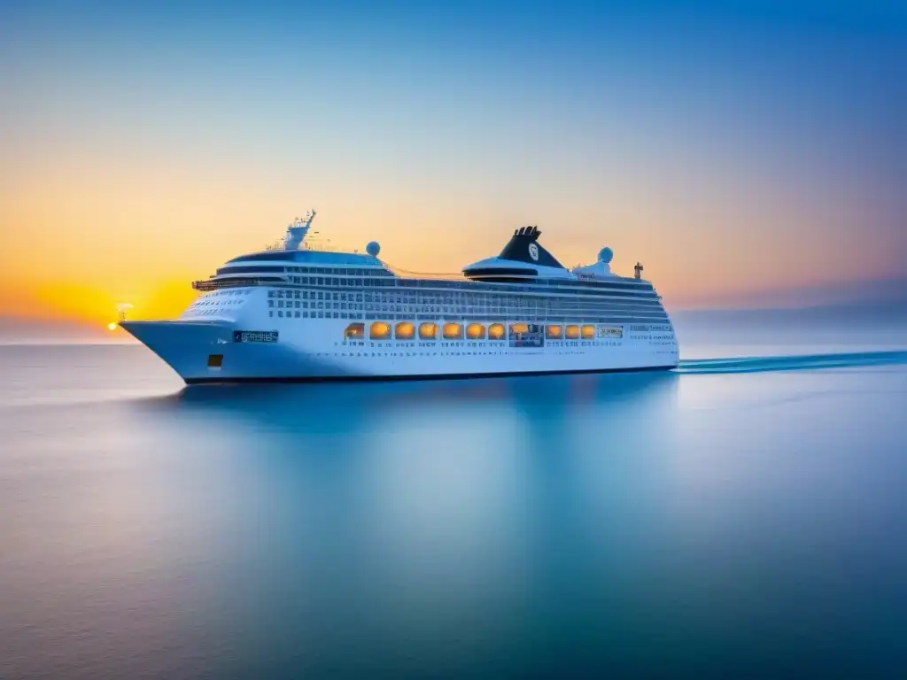 Un crucero elegante navega por aguas tranquilas al atardecer, evocando lujo y relajación