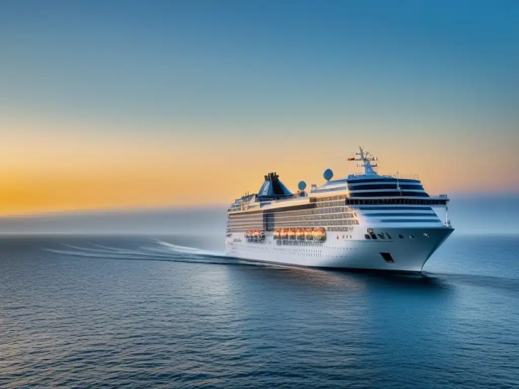 'Un crucero elegante navegando en aguas tranquilas al atardecer, transmitiendo tranquilidad y lujo