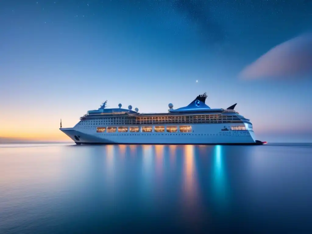 Un crucero elegante navegando en aguas tranquilas bajo un cielo estrellado, con el logo de Ethereum integrado sutilmente