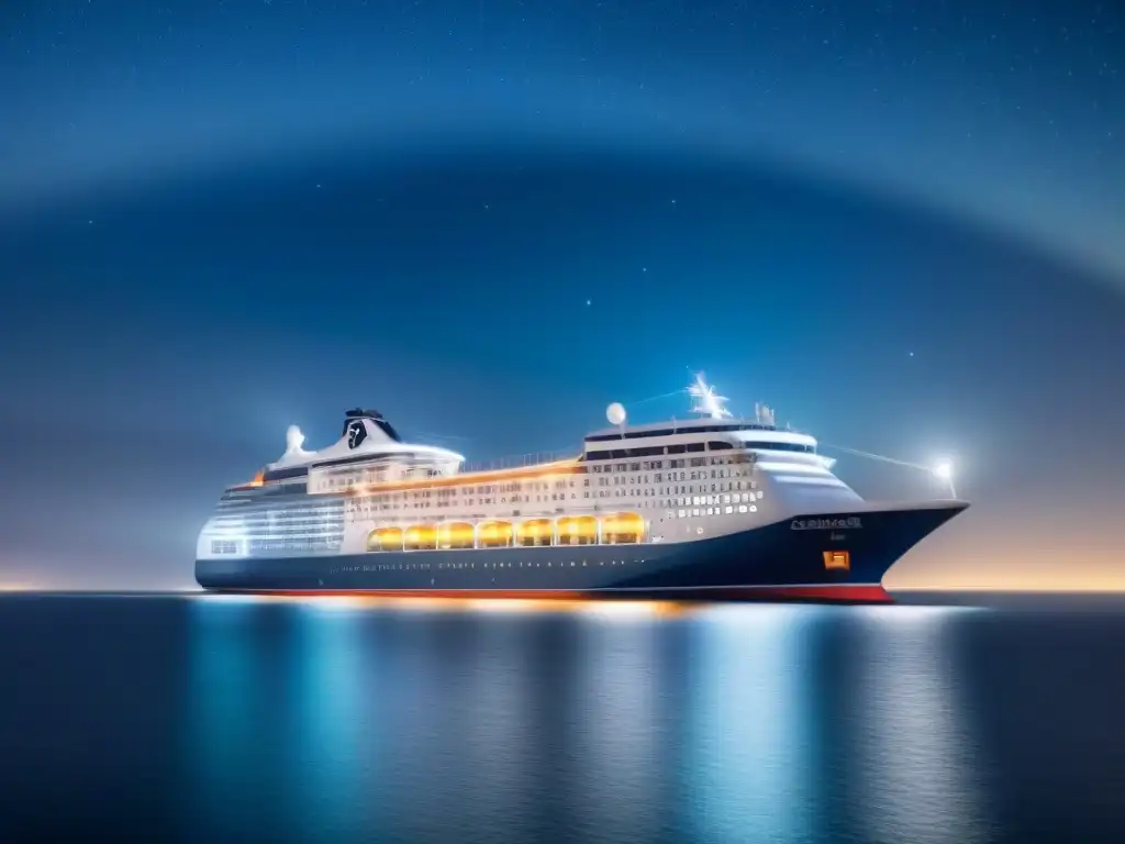 Un crucero elegante navega en aguas tranquilas bajo un cielo estrellado, reflejando luces suavemente en el mar