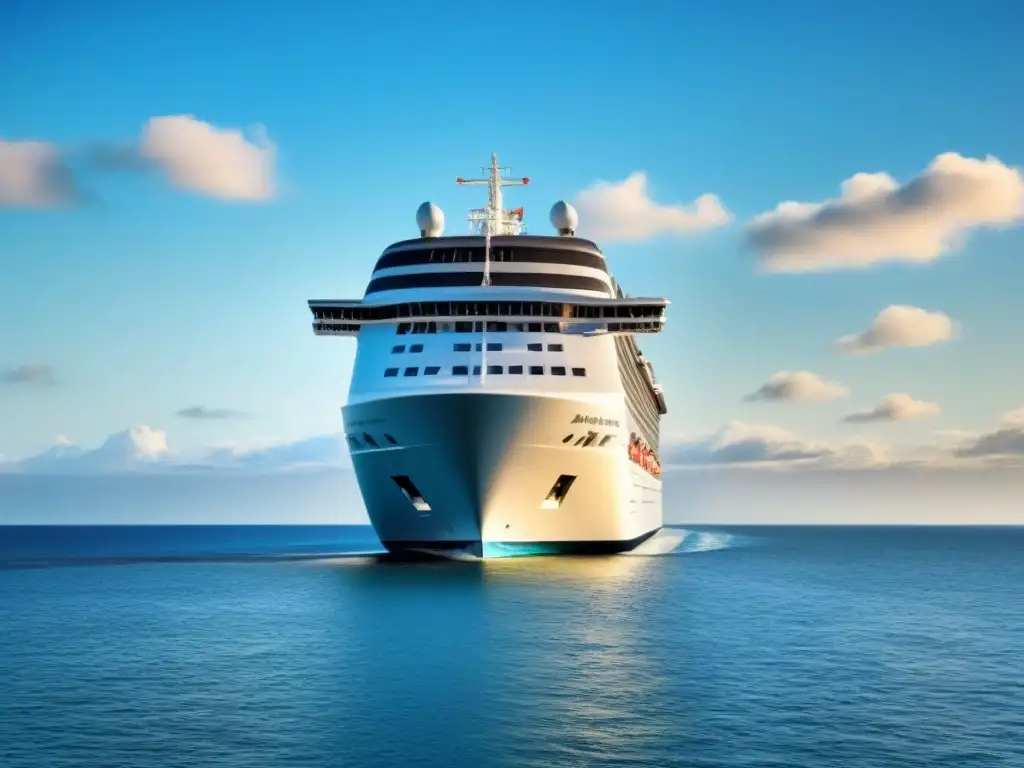 Un crucero elegante navega en aguas tranquilas bajo un cielo azul, reflejando lujo y tecnología