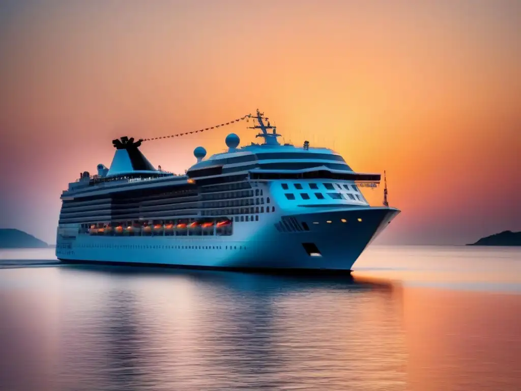 Un crucero elegante surca aguas tranquilas al atardecer, fusionando videojuegos y viajes en cruceros en una ilustración minimalista