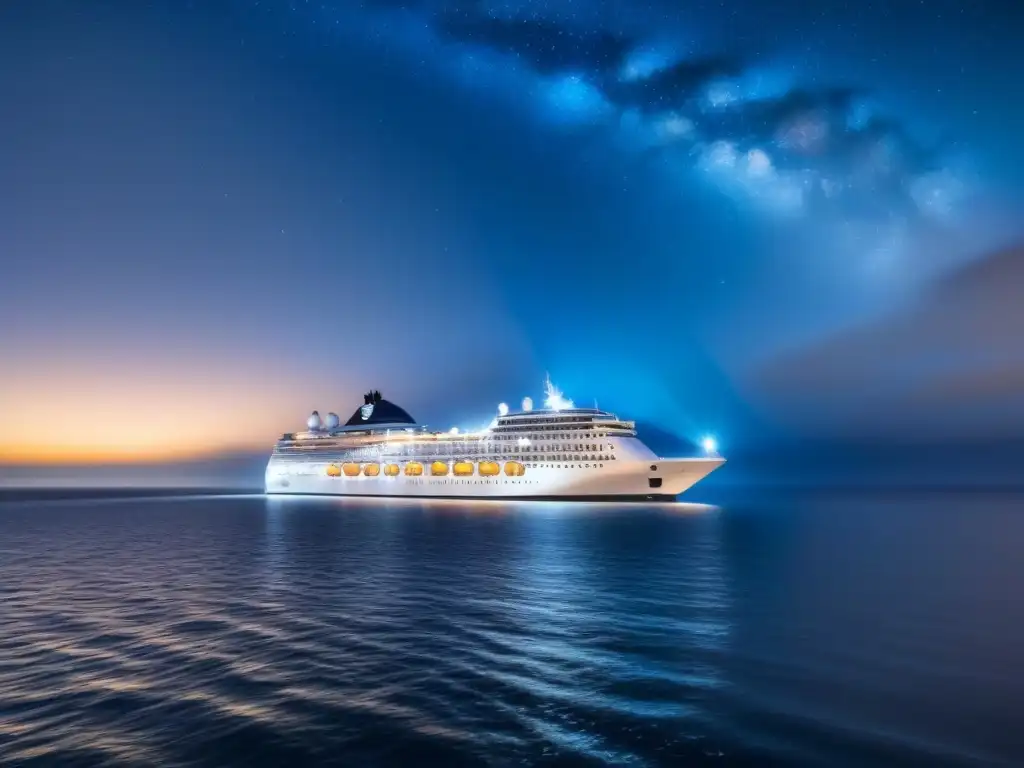 Un crucero elegante navega en aguas tranquilas bajo un cielo estrellado, reflejando luces en el mar