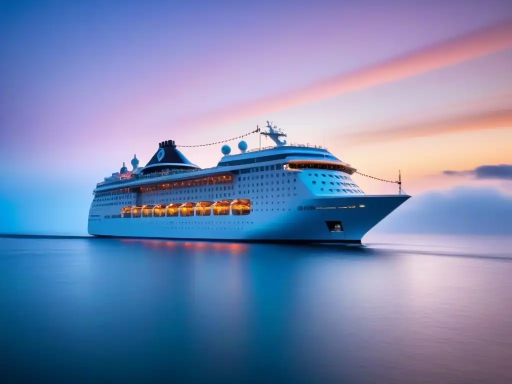 Un crucero elegante surcando aguas tranquilas al atardecer, creando una conexión emocional con los océanos