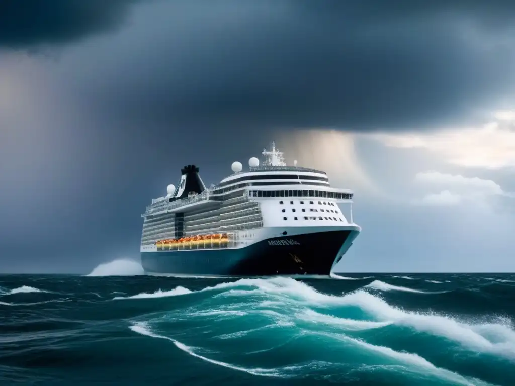 Un crucero elegante navega en aguas turbulentas bajo un cielo amenazador, resaltando los desafíos por cambios climáticos durante el viaje crucero