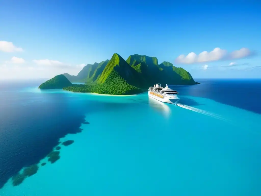 Un crucero elegante navega en aguas turquesas entre islas tropicales, resaltando la armonía entre viaje y conservación