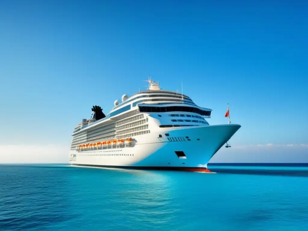 Un crucero elegante navega en aguas turquesas bajo un cielo azul despejado, transmitiendo tranquilidad y amplitud marítima