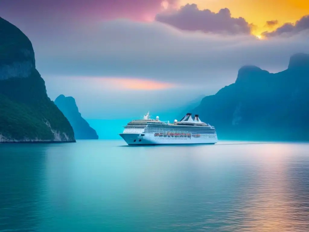 Un crucero elegante navegando en aguas turquesas bajo un vibrante atardecer