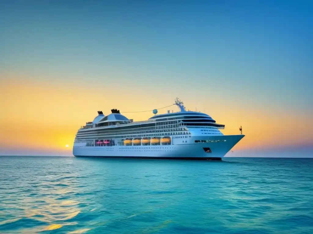 Un crucero elegante navega en aguas turquesas mientras se avistan gaviotas al atardecer