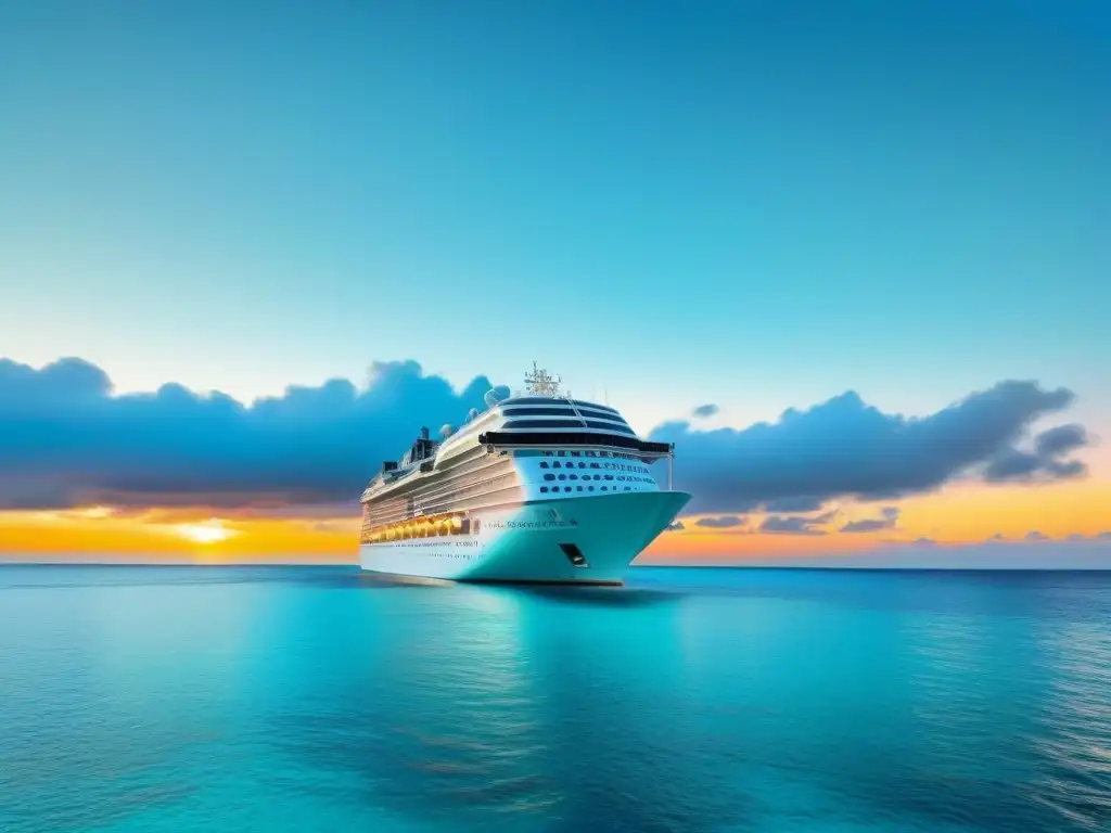 Un crucero elegante navega en aguas turquesas al atardecer, iluminado desde dentro