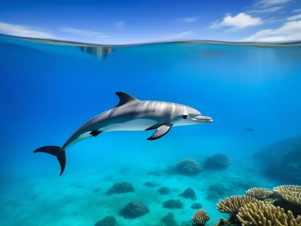 Un crucero elegante surca aguas turquesas con delfines juguetones, destacando la conservación marina en cruceros