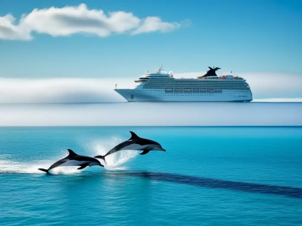 Un crucero elegante navega en aguas turquesas con delfines, bajo un cielo despejado