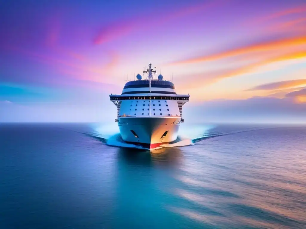 Un crucero elegante navega en aguas turquesas al atardecer