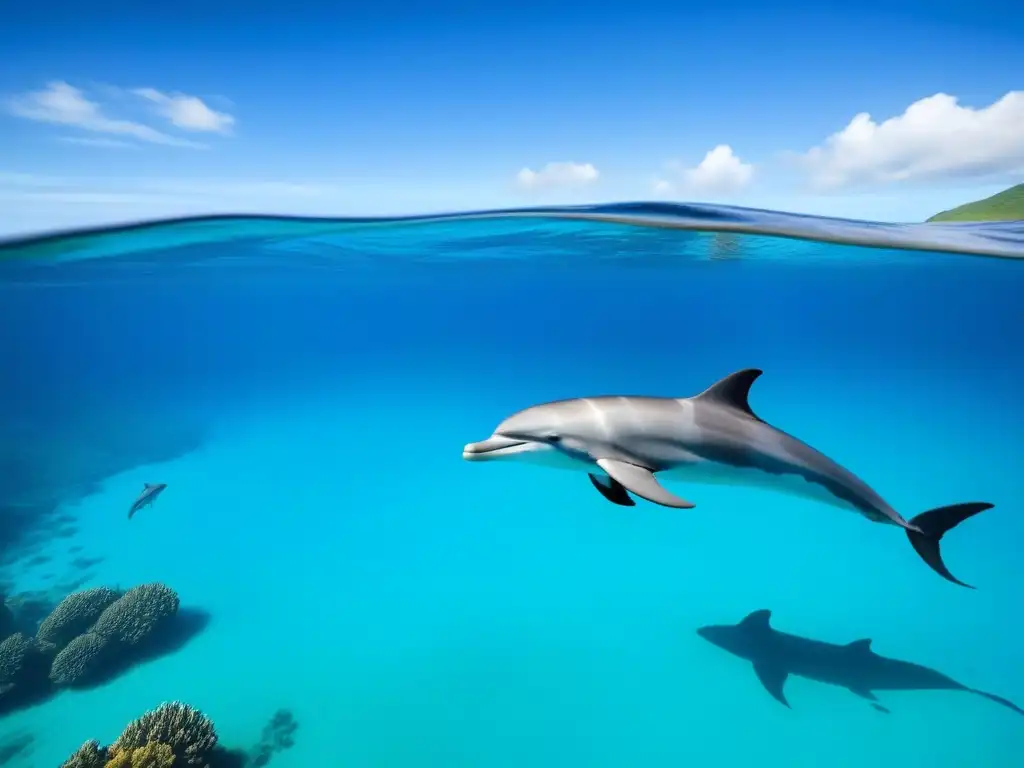 Un crucero elegante surca aguas turquesas tranquilas, rodeado de delfines juguetones y arrecifes de coral