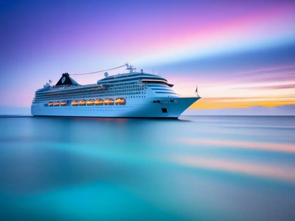 Un crucero elegante surcando aguas turquesas al atardecer, evocando experiencias culturales únicas en cruceros