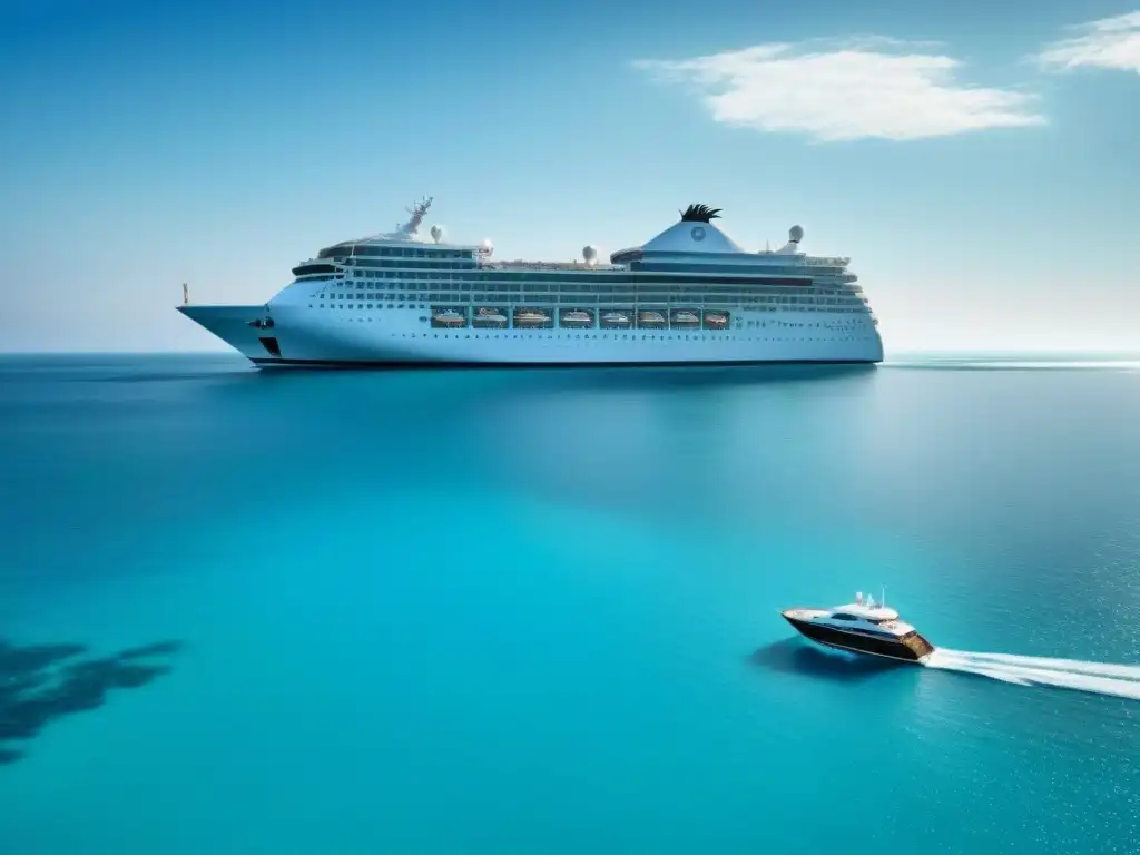 Un crucero elegante surcando aguas turquesas bajo un cielo despejado, con gaviotas