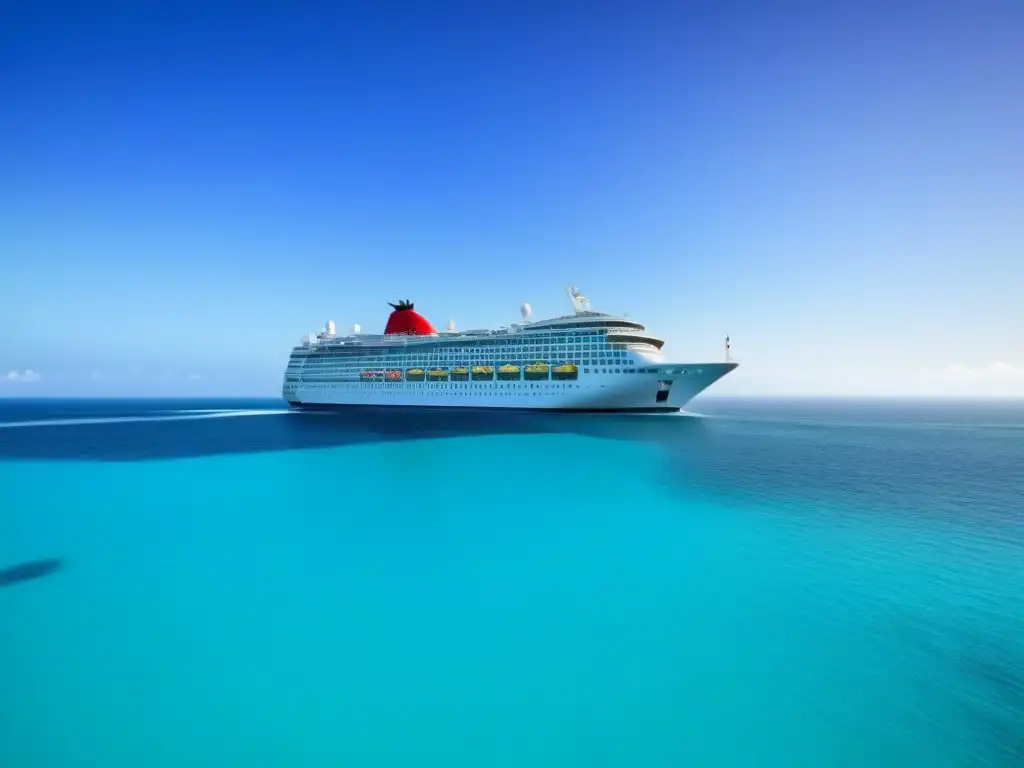 Un crucero elegante surca aguas turquesas rodeado de islas verdes, bajo un cielo azul