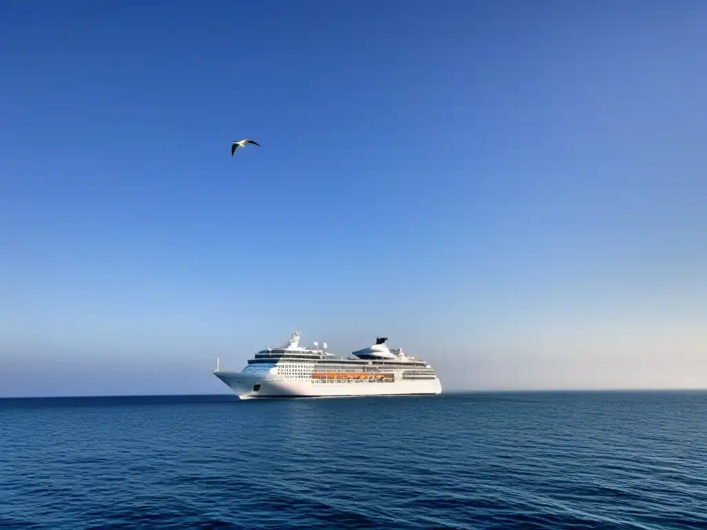 Un crucero elegante de Alianzas Líneas Cruceros navegando con tranquilidad en aguas calmas bajo un cielo azul, mientras una gaviota vuela, simbolizando satisfacción total y una experiencia de crucero perfecta