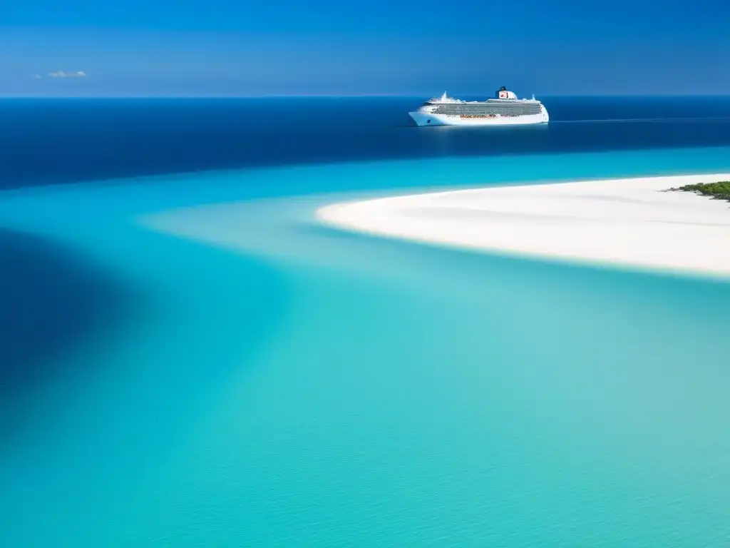 Un crucero elegante anclado en un paraíso de arena blanca y aguas turquesas, simbolizando cruceros sin plásticos de un solo uso